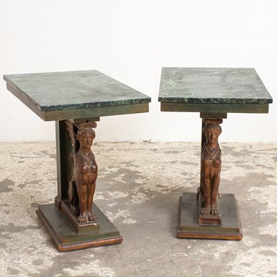 Lot 164 - Pair of Sphinx Form Marble Top Side Tables