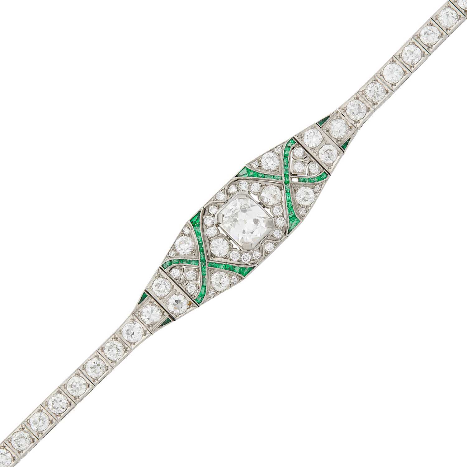 Lot 65 - Platinum, Diamond and Emerald Bracelet