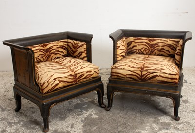 Lot 119 - Pair of Asian Style Tiger Print Upholstered Painted Wood Club Chairs