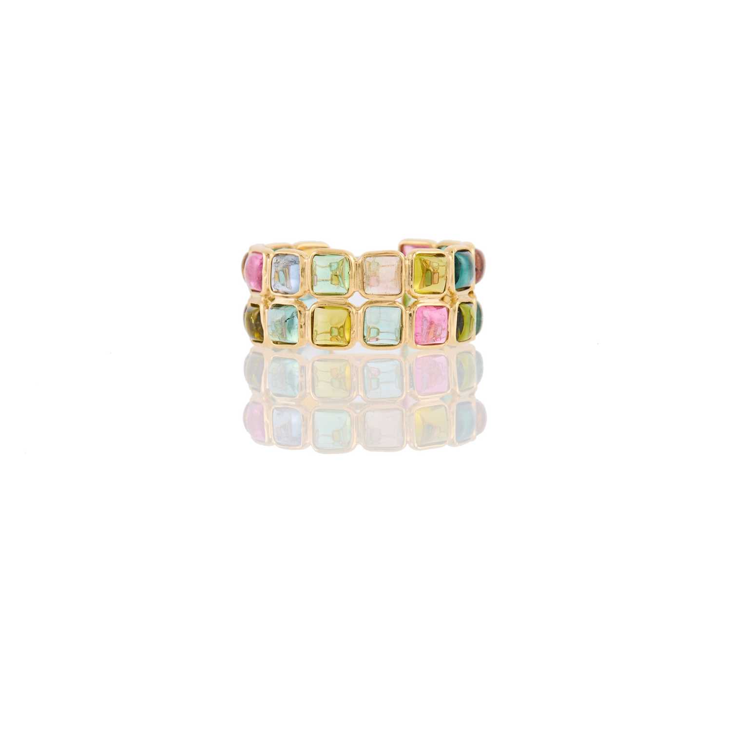 Lot 2165 - Gold and Multicolored Cabochon Tourmaline Band Ring