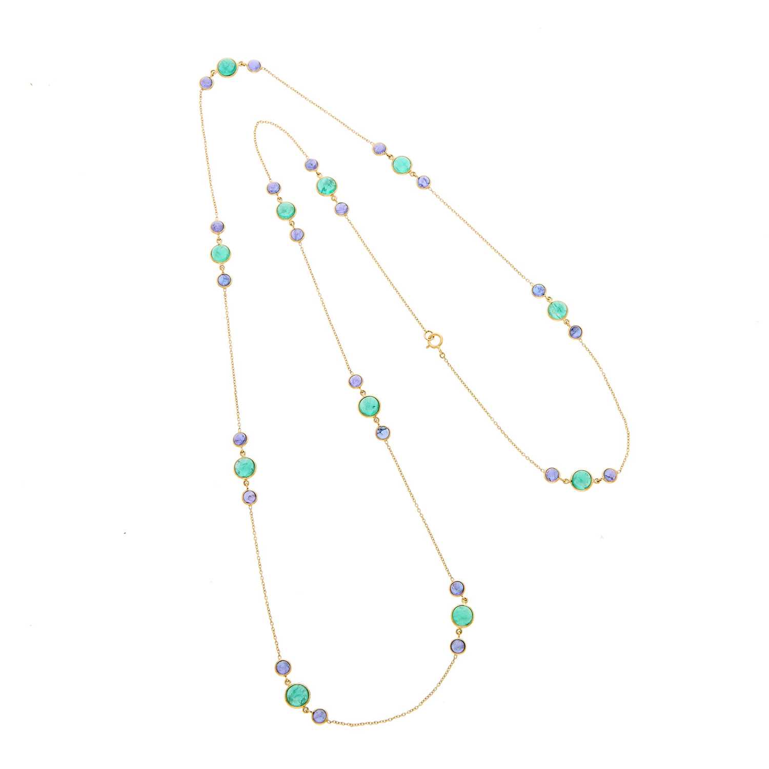 Lot 1060 - Gold, Cabochon Emerald and Tanzanite Neckace