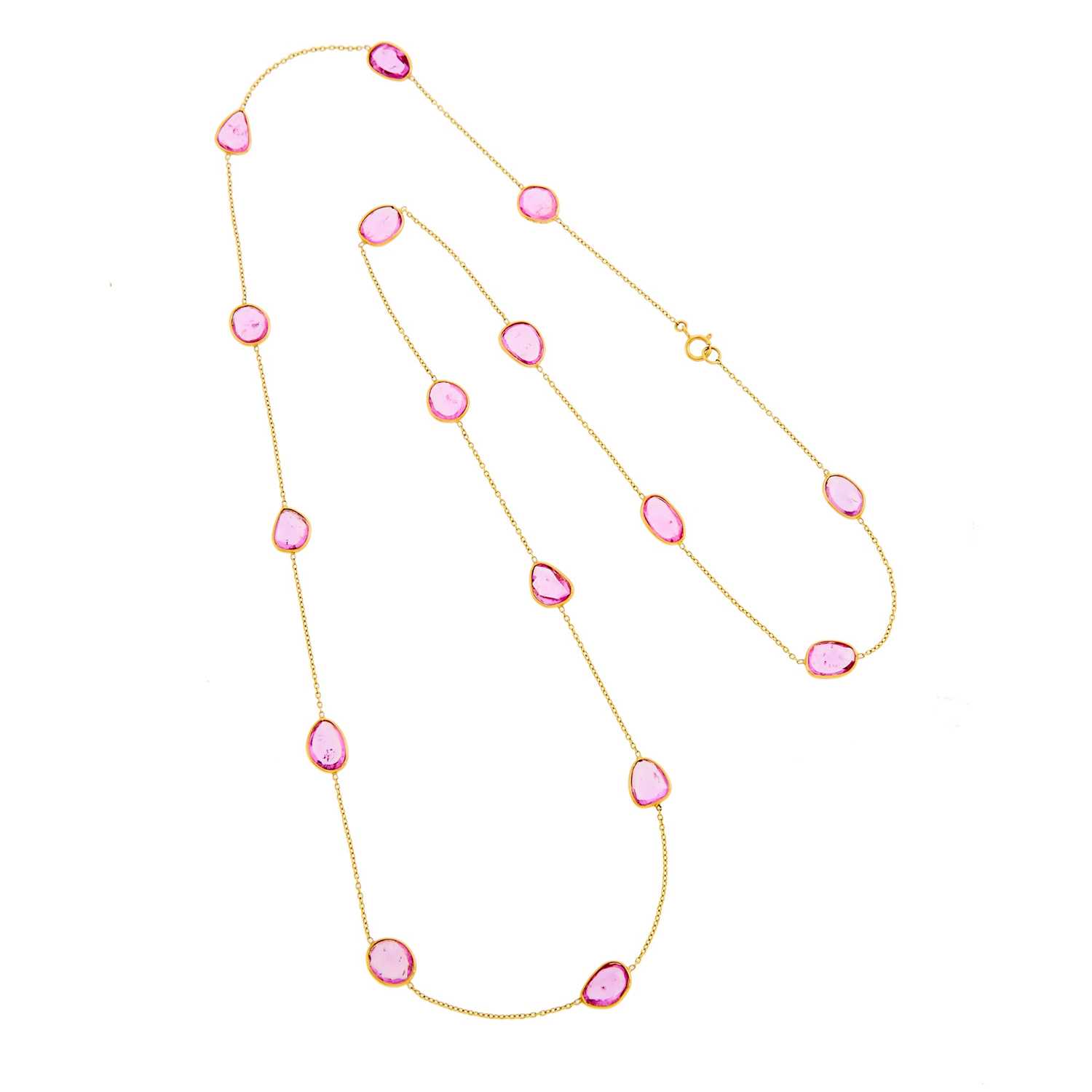 Lot 2164 - Long Gold and Pink Sapphire Necklace