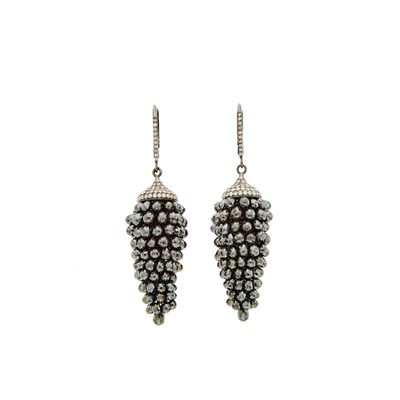 Lot 2108 - Pair of Blackened Gold, Colored Diamond and Diamond Pendant-Earrings