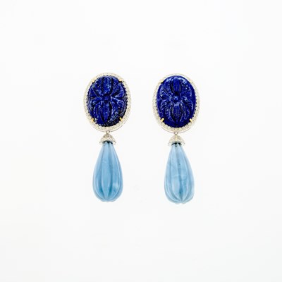 Lot 1197 - Pair of White Gold, Carved Lapis and Blue Opal and Diamond Pendant-Earrings