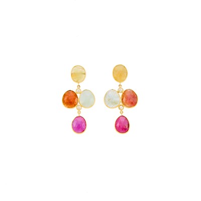 Lot 1028 - Pair of Gold, Multicolored Sapphire and Diamond Pendant-Earrings