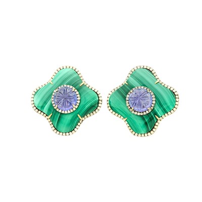Lot 2091 - Pair of Silver, Malachite, Carved Tanzanite and Diamond Earrings