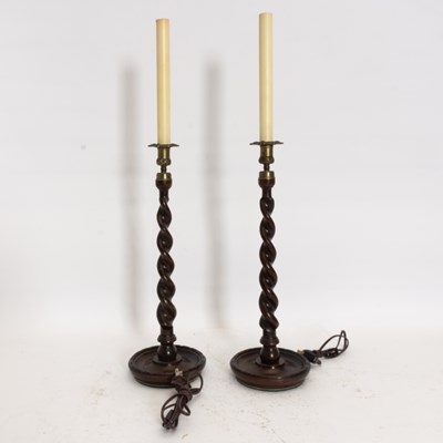 Lot 132 - Pair of Stained Wood Spiral Column Table Lamps