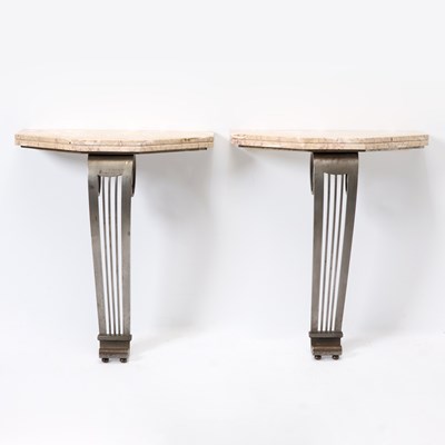 Lot 271 - Pair of Art Deco Style Steel and Marble Wall Mounted Consoles