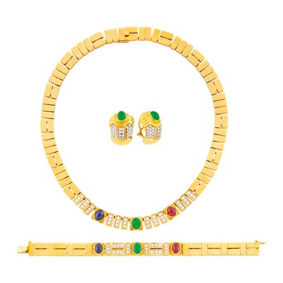 Lot 1308 - Gold, Cabochon Gem-Set and Diamond Necklace, Bracelet and Pair of Earclips