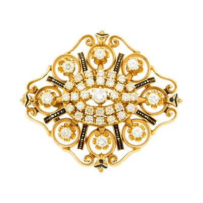 Lot 1331 - Antique Gold, Black Enamel and Diamond Pendant-Brooch