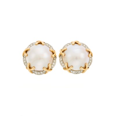 Lot 2003 - Pair of Gold, Platinum, Mabé Pearl and Diamond Earclips