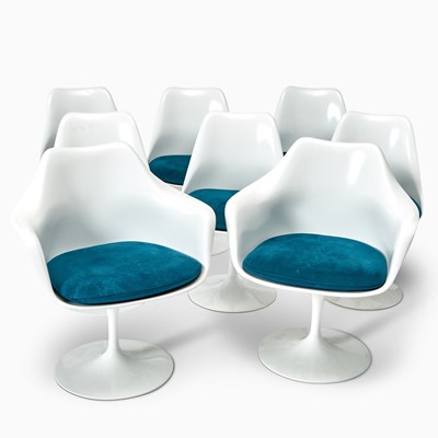 Lot 361 - Set of Eight Eero Saarinen Enameled Aluminum and Upholstered "Tulip" Dining Chairs