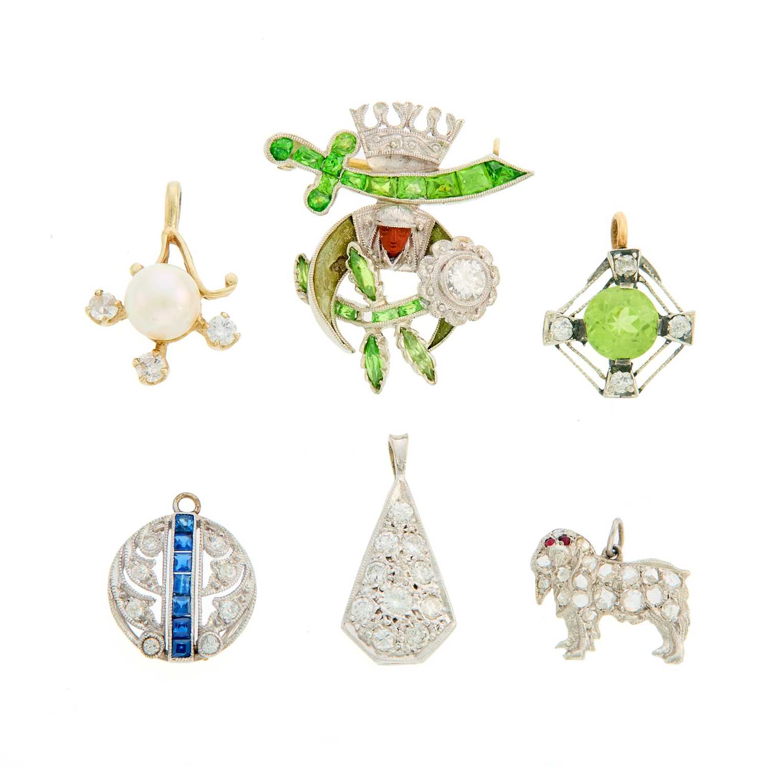 Lot 2124 - Six Platinum, White Gold, Gem-Set and Diamond Charms and Pin