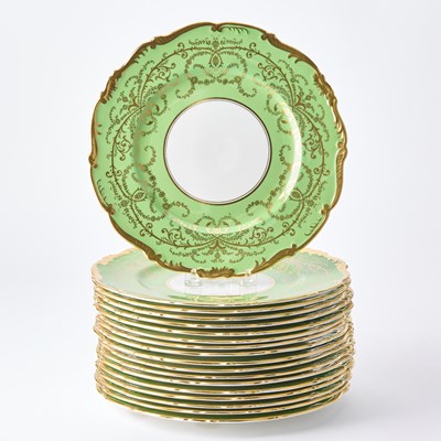 Lot 133 - Set of Eighteen Coalport Porcelain 'Anniversary' Pattern Green and Gilt Decorated Service Plates