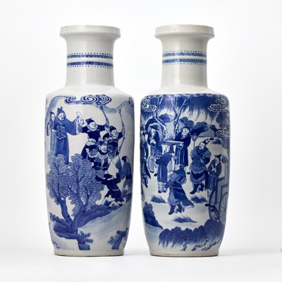 Lot 564 - A Pair of Chinese Blue and White Porcelain Rouleau Vases