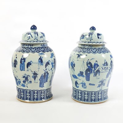 Lot 417 - Large Pair of Chinese Blue and White Porcelain Jars and Covers
