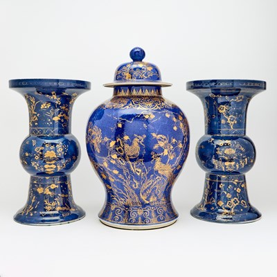 Lot 218 - Three Chinese Gilt-Decorated Powder Blue Porcelain Vases