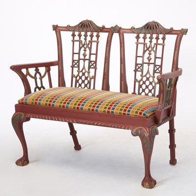 Lot 338 - George III Style Chinese Chippendale Style Painted Settee