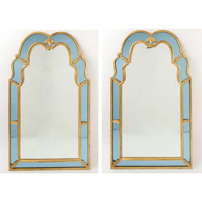 Lot 357 - Pair of Queen Anne Style Giltwood and Blue Mirror Framed Mirrors