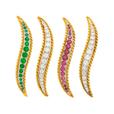 Lot 154 - Van Cleef & Arpels Four Gold, Platinum, Emerald, Ruby and Diamond 'Flame' Brooches