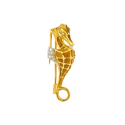 Lot 4 - Tiffany & Co. Two-Color Gold, Enamel and Diamond Seahorse Brooch