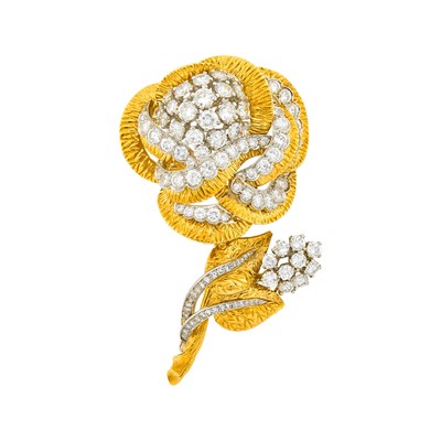 Lot 120 - Gold, Platinum and Diamond Rose Clip-Brooch
