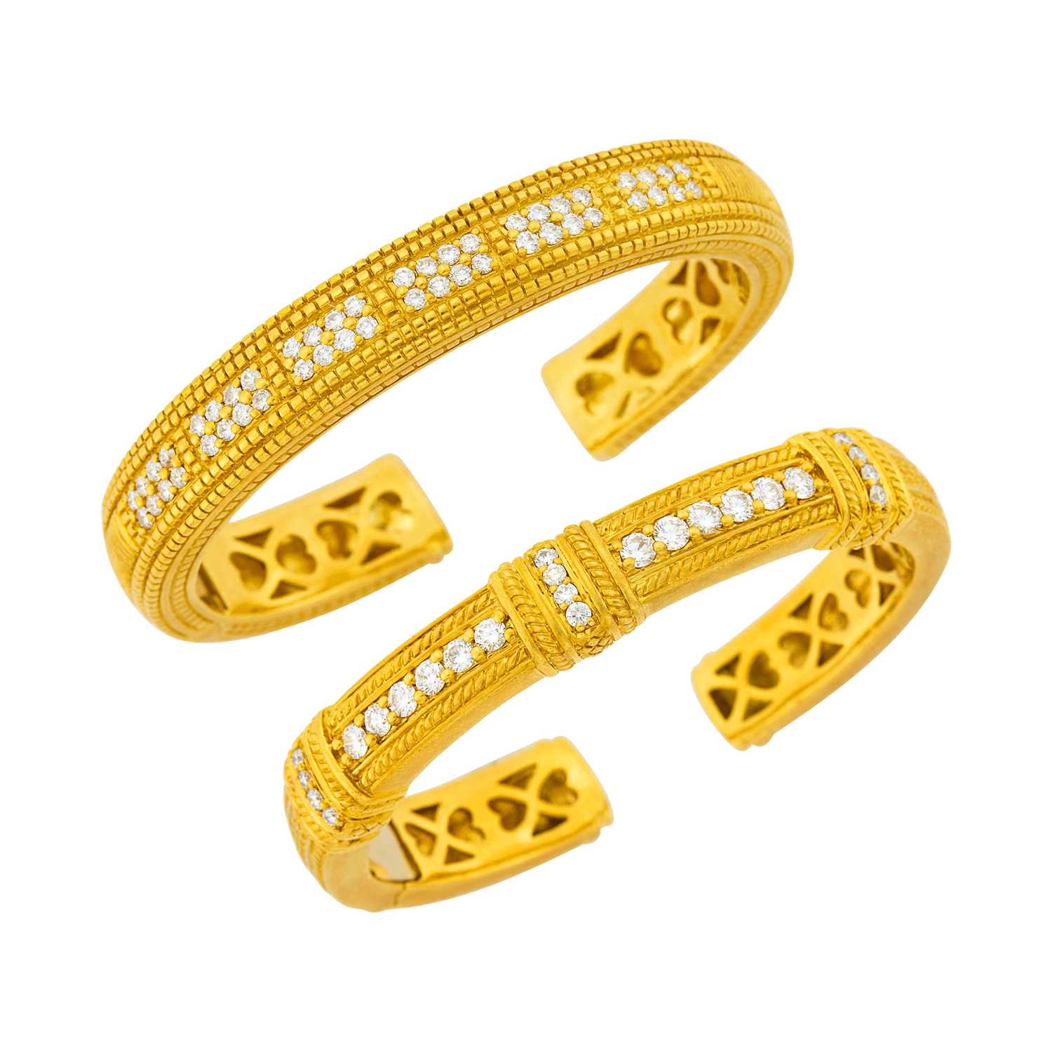 Lot 141 - Judith Ripka Pair of Gold and Diamond Bangle Bracelets