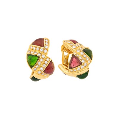 Lot 102 - Bulgari Pair of Gold, Cabochon Multicolored Tourmaline and Diamond J-Hoop Earclips