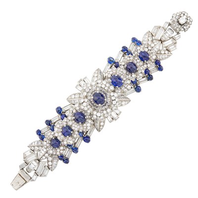 Lot 239 - Margerand Platinum, Cabochon Sapphire and Diamond Bracelet, France