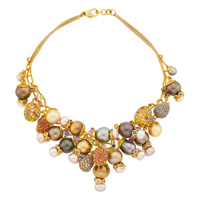 Lot 115 - Tricolor Gold, Multicolored South Sea Cultured and Freshwater Pearl, Gem-Set and Colored Diamond Bib Necklace