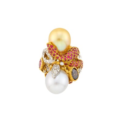 Lot 116 - Gold, South Sea and Golden Cultured Pearl, Gem-Set, Colored Diamond and Diamond Serpent Ring