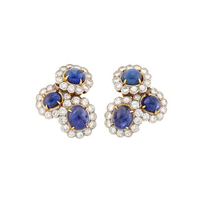 Lot 176 - Van Cleef & Arpels Pair of Gold, Platinum, Cabochon Sapphire and Diamond Earclips, France