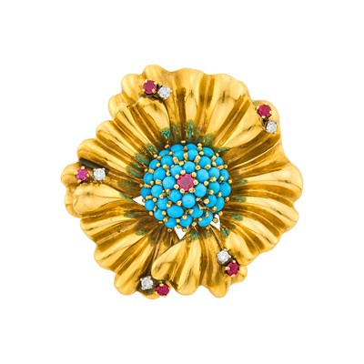 Lot 110 - Gold, Turquoise, Ruby and Diamond Flower Clip-Brooch