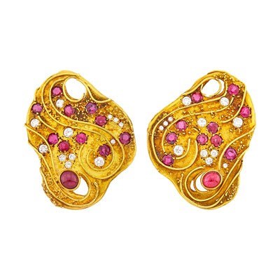 Lot 130 - Elizabeth Gage Pair of Gold, Ruby and Diamond Earclips