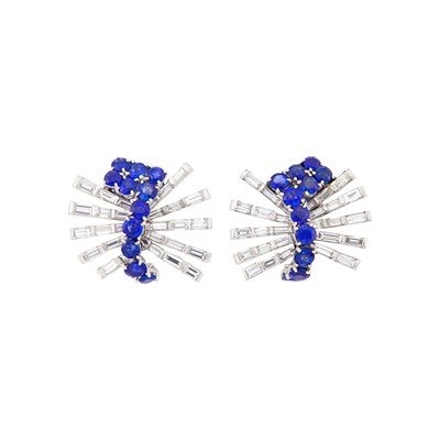 Lot 48 - Garrard Pair of Platinum, Sapphire and Diamond Spray Earrings