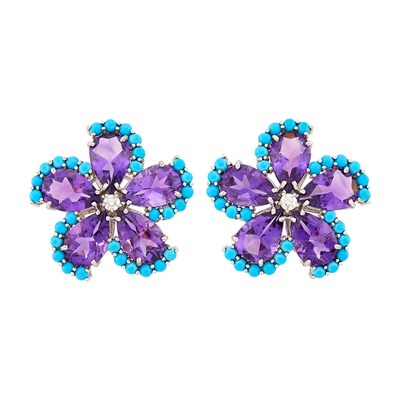Lot 19 - Pair of White Gold, Amethyst, Turquoise and Diamond Flower Earrings