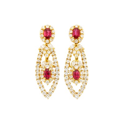 Lot 113 - Pair of Gold, Ruby and Diamond Pendant-Earrings