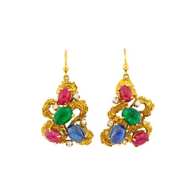 Lot 121 - Pair of Gold, Cabochon Gem-Set and Diamond Pendant-Earrings