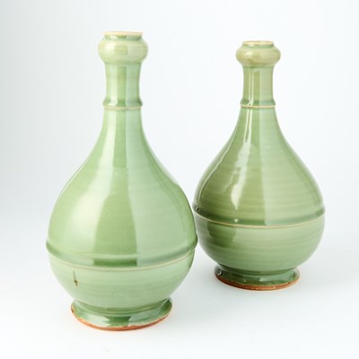 Lot 175 - A Pair of Chinese Longquan Celadon Garlic-Head Vases