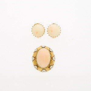 Lot 2078 - Boris LeBeau Two-Color Gold, Angel Skin Coral and Diamond Ring and Pair of Earclips