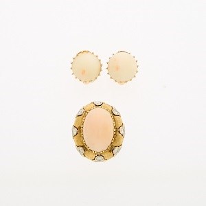 Lot 2078 - Boris LeBeau Two-Color Gold, Angel Skin Coral and Diamond Ring and Pair of Earclips