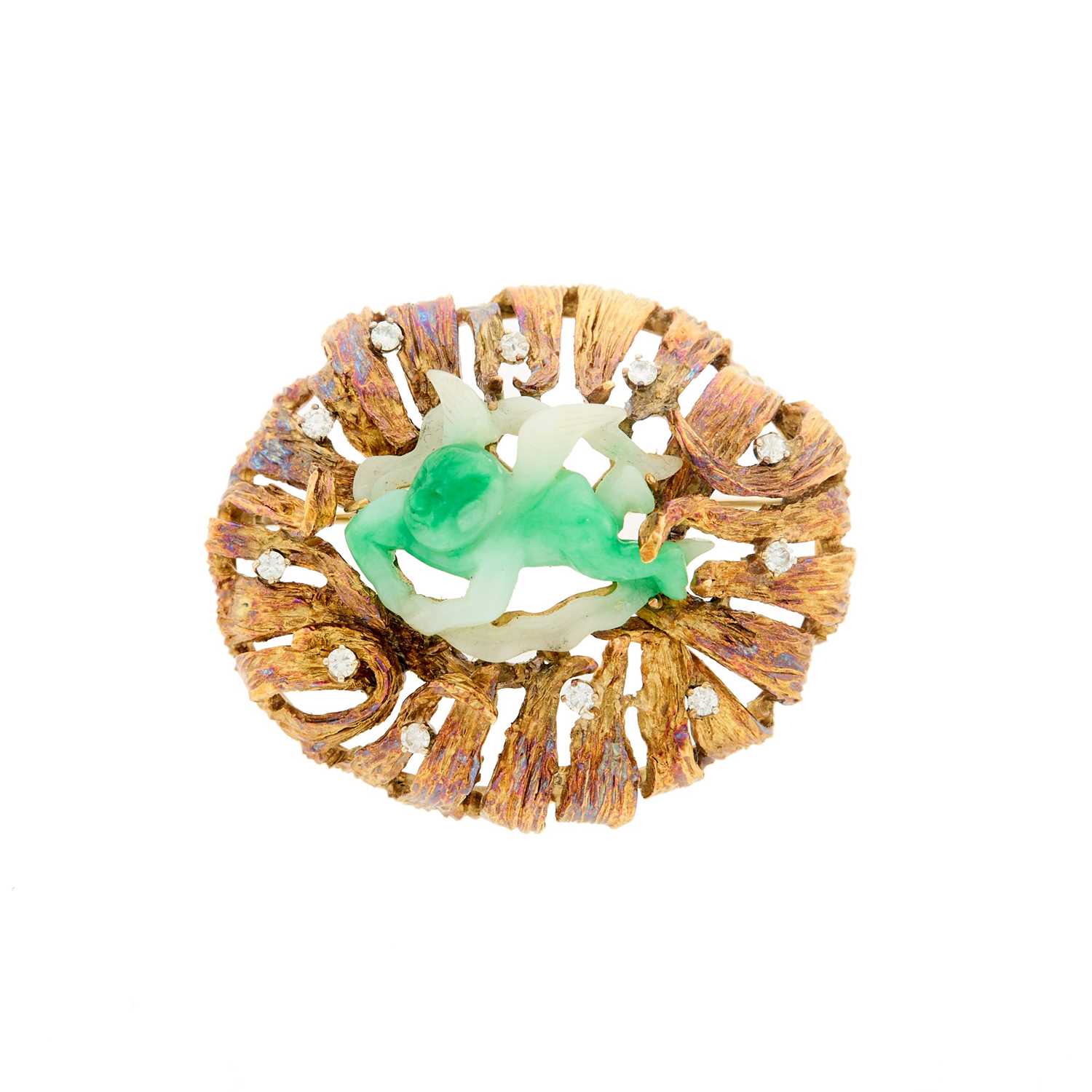 Lot 2205 - Boris LeBeau Gold, Carved Jade and Diamond Brooch