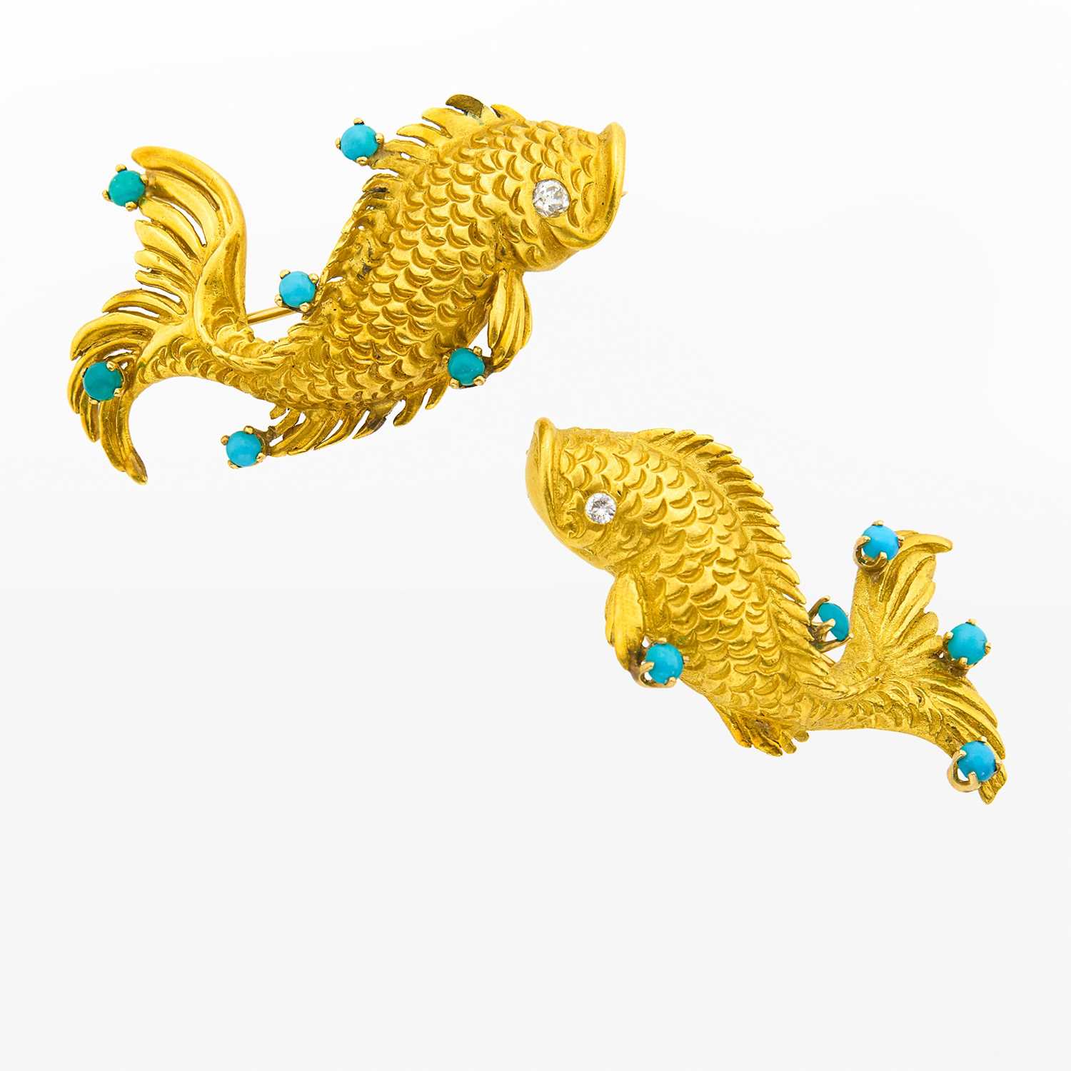 Lot 2015 - Pair of Gold, Turquoise and Diamond Koi Fish Brooches