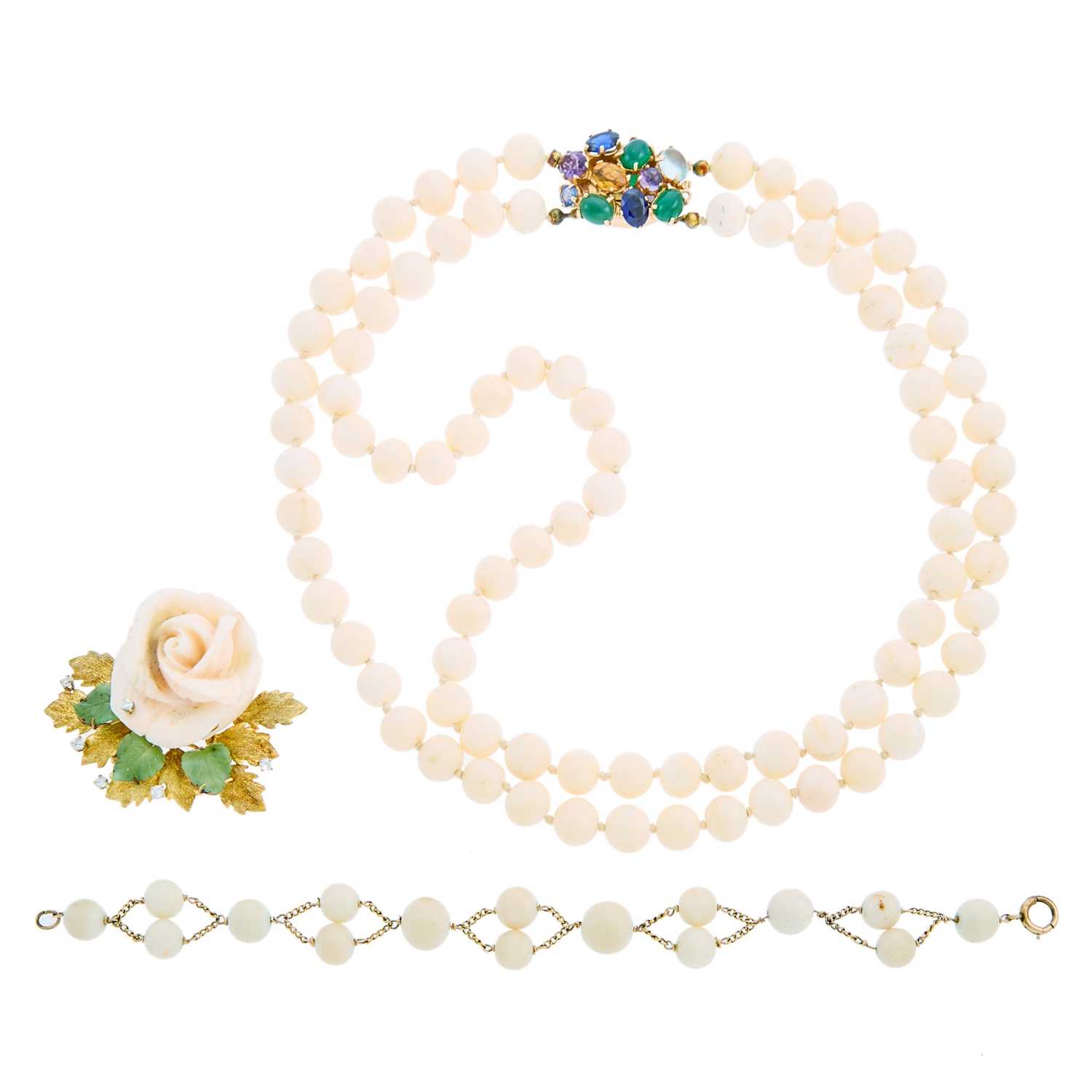 Lot 2229 - Double Strand Angel Skin Coral Bead Necklace with Gold and Gem-Set Clasp, Bracelet and Carved Angel Skin Coral and Nephrite and Diamond Rose Brooch