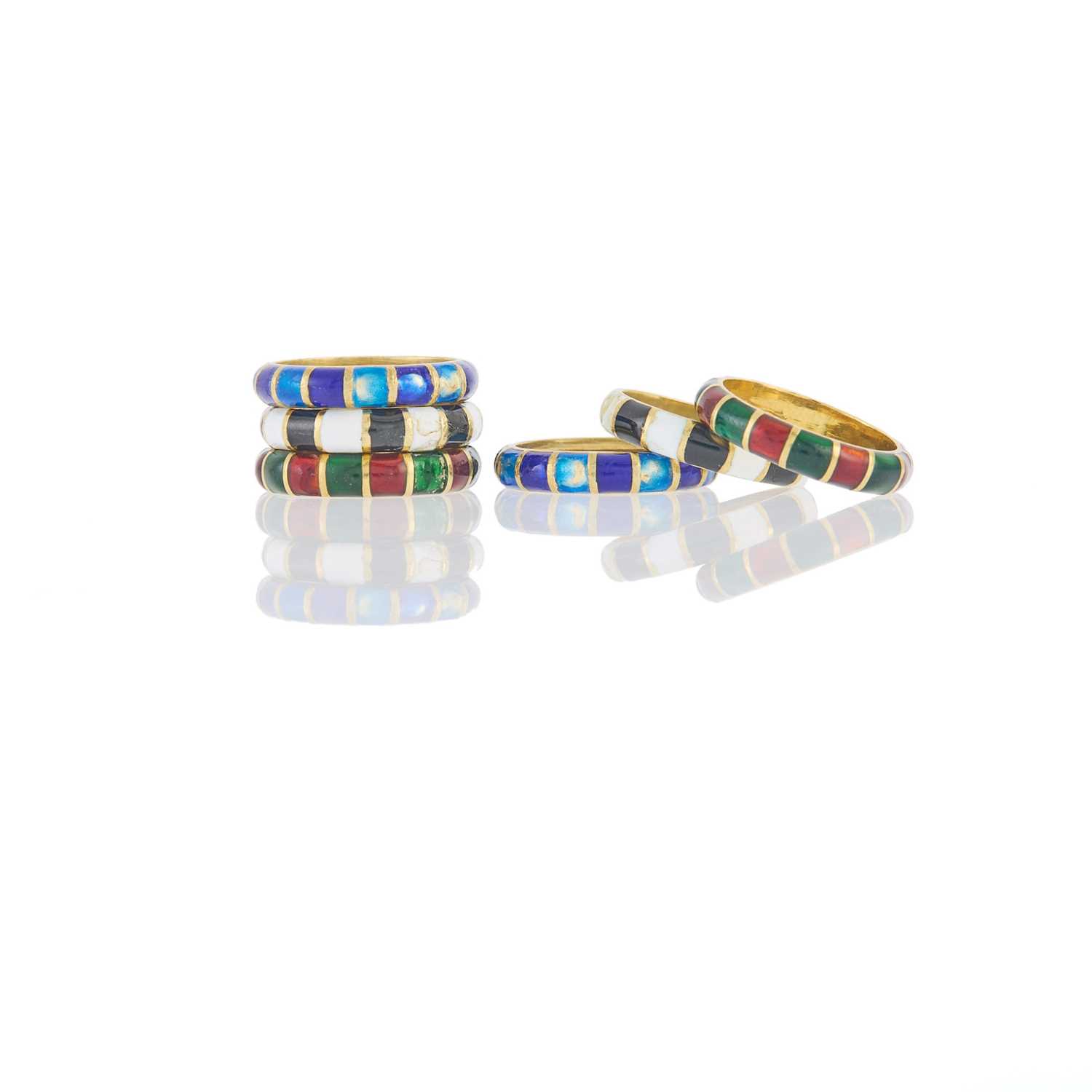 Lot 2021 - Six Gold and Multicolored Enamel Band Rings