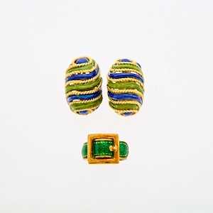 Lot 2176 - Gold and Enamel Buckle Ring and Pair of Earclips