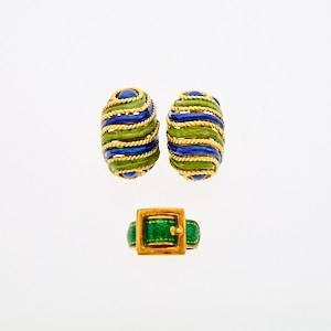 Lot 2176 - Gold and Enamel Buckle Ring and Pair of Earclips