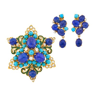 Lot 108 - Gold, Lapis, Turquoise, Diamond and Green Enamel Pendant Clip-Brooch and Pair of Earclips