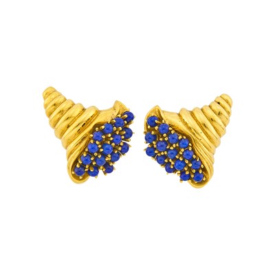 Lot 13 - Tiffany & Co. Pair of Gold and Lapis Cornucopia Earclips