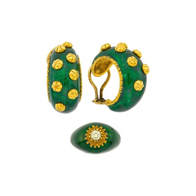 Lot 94 - Boris leBeau Pair of Gold and Green Enamel Bombé Half-Hoop Earclips and Green Enamel and Diamond Dome Ring
